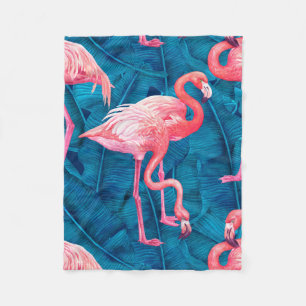 Cobertor De Velo Flamingos em folhas de bananas azuis