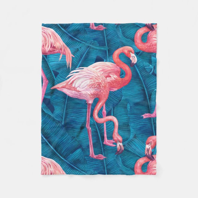 Cobertor De Velo Flamingos em folhas de bananas azuis (Frente)