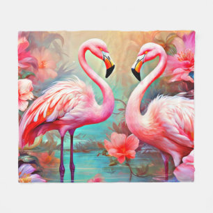 Cobertor De Velo Flamingos rosa em um lago com flores-20231