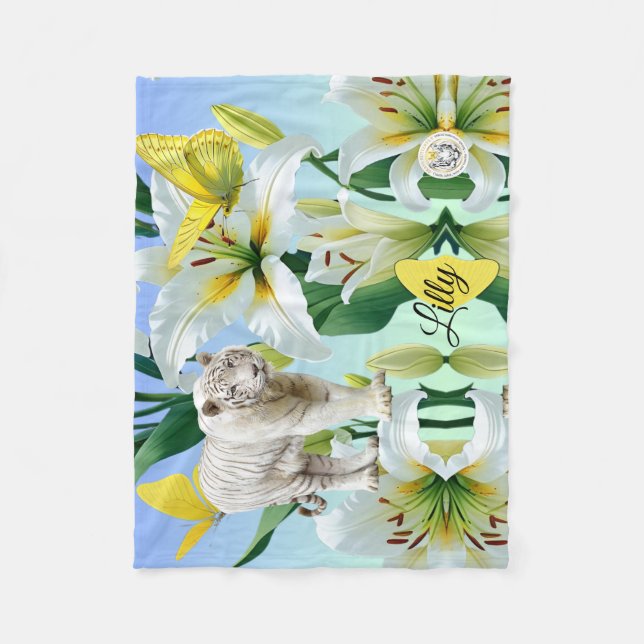 Cobertor De Velo Fleece Blanket White Tiger Yellow Lilly (Frente)