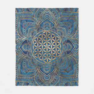 Cobertor De Velo Flor da vida em Lotus - mármore azul e Dourado