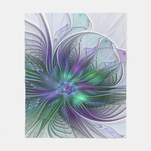 Cobertor De Velo Flor Moderna Abstrata Fractal Roxa Verde (Frente)
