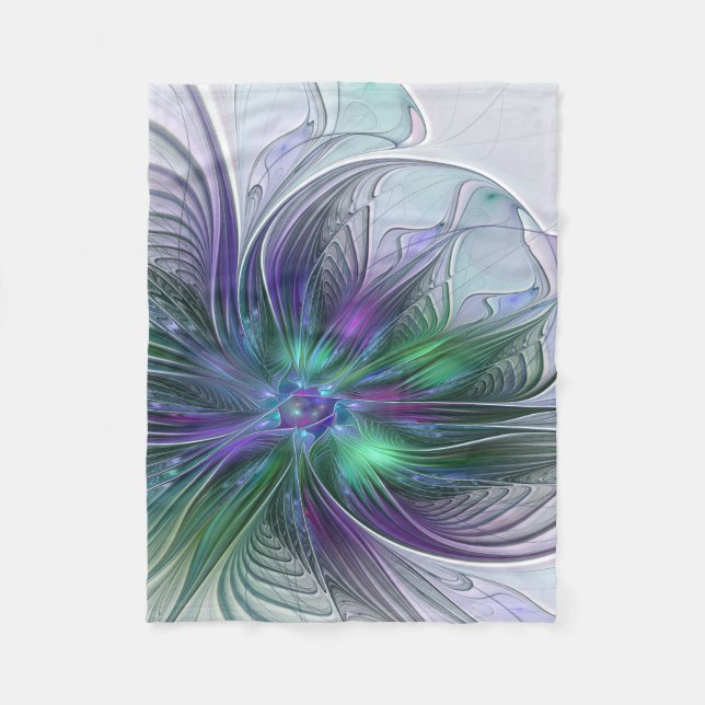 Cobertor De Velo Flor Moderna Abstrata Fractal Verde Roxo (Frente)