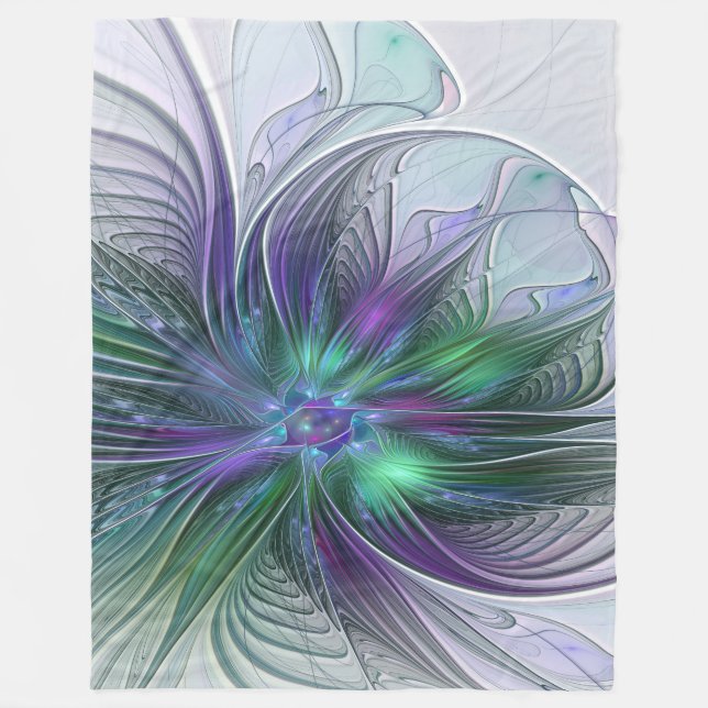 Cobertor De Velo Flor Moderna Arte Abstrata Fractal Roxa Verde (Frente)