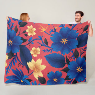Cobertor De Velo Floral Amarelo-Azul-Negrito em Fundo Vermelho