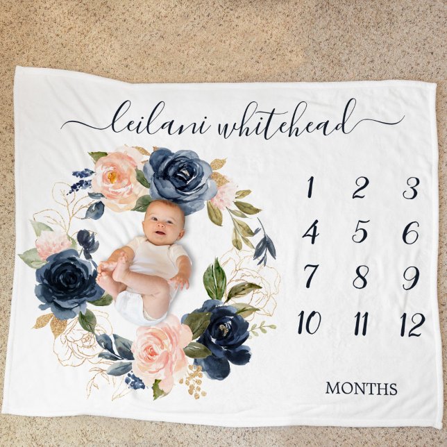 Cobertor De Velo Floral Bebê Mês Milestone Blush Marinho Bebê (Enjoy this botanical floral wreath large baby blanket to photography your baby each month.)