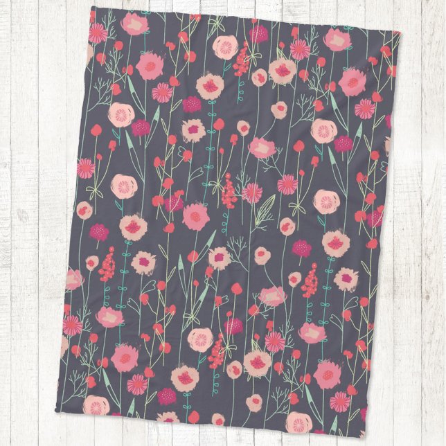 Cobertor De Velo Floral Boho Dark (Pink and dark floral art fleece blanket)