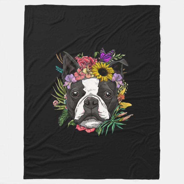 Cobertor De Velo Floral Boston Terrier Dog Nature Primavera (Frente)