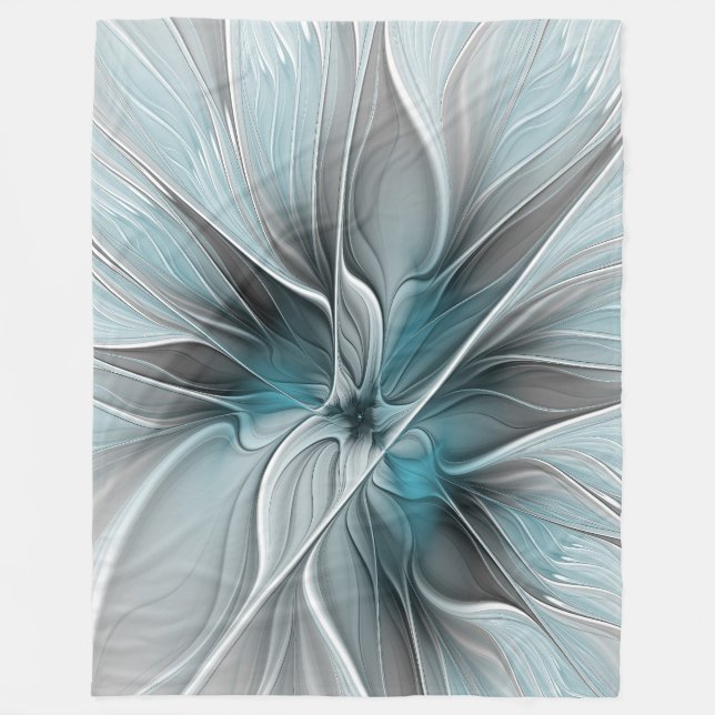 Cobertor De Velo Floral Fractal Moderno Abstrato Flor Azul Cinza (Frente)