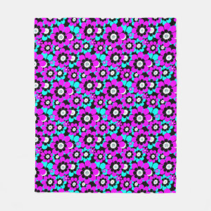 Cobertor De Velo Floral Neon Patterno Roxo e Flores Turquesas