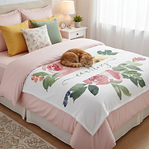 Cobertor De Velo Floral personalizado em aquarela rosa e amarelo   