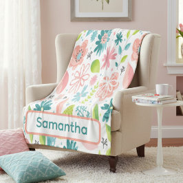 Cobertor De Velo Floral Personalizado em Azul Turquesa e Rosa