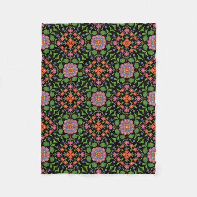 Cobertor De Velo Floral Rangoli Patterno sobre Flórida Negra (Frente)