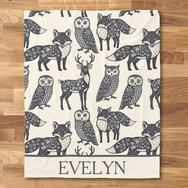 Cobertor De Velo  Floral Silhouette Fox, Deer, and Owl Folk Art (Criador carregado)