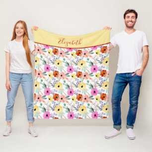 Cobertor De Velo Floral Verde Rosa Vermelho Amarelo Monogramado