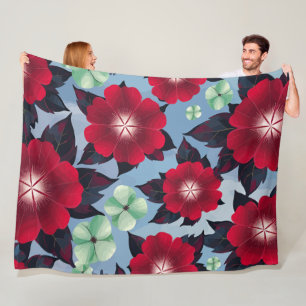 Cobertor De Velo Floral Vermelho e Verde Mint sobre fundo azul-céu