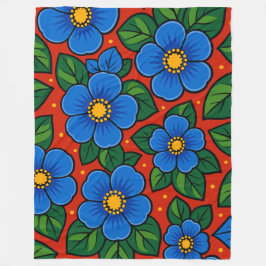 Cobertor De Velo Flores Azuis e Folhas Verdes em um Fundo Vermelho