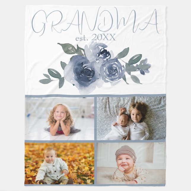 Cobertor De Velo Flores Azuis e Fotos para a Vovó (Frente)