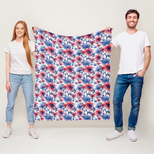 Cobertor De Velo Flores azuis, vermelho-aquarelas, em branco (In Situ)