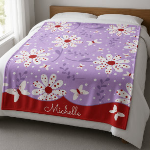 Cobertor De Velo Flores Brancas com Bolinhas Vermelhas em Roxo