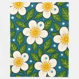 Cobertor De Velo Flores Brancas Cremosas com Padrão de Folhas Verde