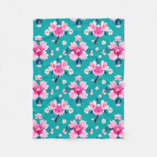 Cobertor De Velo Flores Cor-de-Rosa e Folhas em Fundo Teal