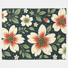 Cobertor De Velo Flores Creme com Centros Vermelhos & Folhas Verdes