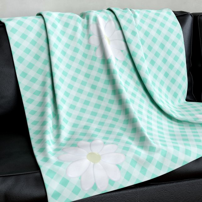 Cobertor De Velo Flores de margarida bonitas Mint Green Gingham Che (A cute daisy and gingham check pattern fleece blanket just for you. Perfect for summer picnics)