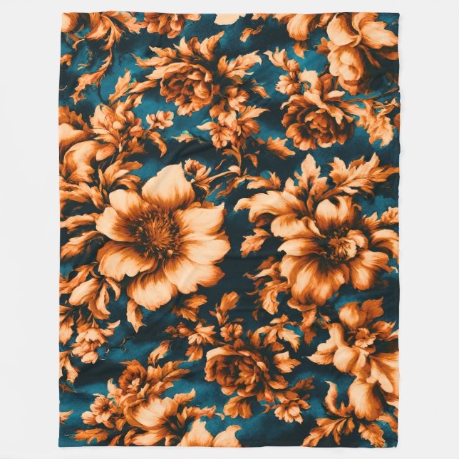 Cobertor De Velo Flores de Ouro refinadas e luxuosas, folhas em azu (Frente)