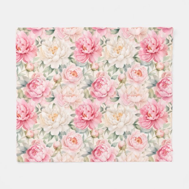 Cobertor De Velo Flores de Peônia em Aquarela com Pastéis Suaves (Frente (Horizontal))