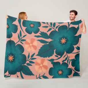 Cobertor De Velo Flores de Teal e Pêssego em um Fundo Rosa Suave
