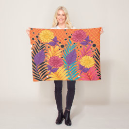 Cobertor De Velo flores e folhas coloridas sobre fundo preto