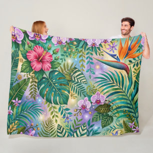 Cobertor De Velo Flores Fantasia da Selva Roxo Verde Dourado Sonhad