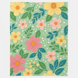 Cobertor De Velo Flores Rosa e Amarelo com Folhas Verdes e Azuis