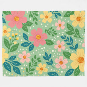 Cobertor De Velo Flores Rosa e Amarelo com Folhas Verdes e Azuis