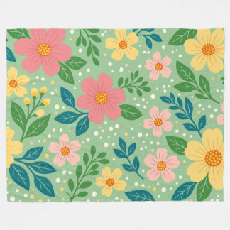 Cobertor De Velo Flores Rosa e Amarelo com Folhas Verdes e Azuis