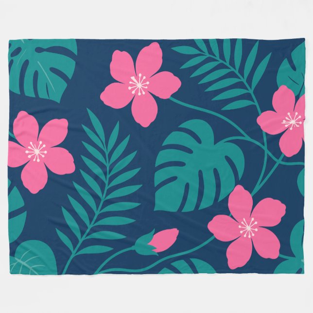 Cobertor De Velo Flores Rosa Tropical e Desenho de Folhagem Verde (Frente (Horizontal))