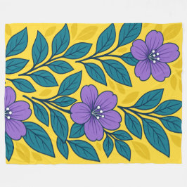 Cobertor De Velo Flores Roxas & Folhas Azul-Celeste em Fundo Amarel