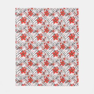 Cobertor De Velo Flores vermelhas em fundo branco e preto.