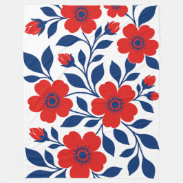 Cobertor De Velo Flores Vermelhas Ousadas e Folhas Azuis Marinho
