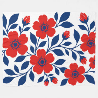 Cobertor De Velo Flores Vermelhas Ousadas e Folhas Azuis Marinho