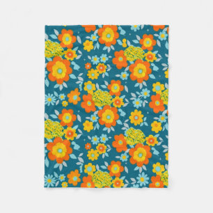 Cobertor De Velo Flores Vibrantes Laranja e Amarelo em Azul Turques