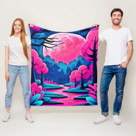 Cobertor De Velo Floresta Artística sob a Lua Rosa
