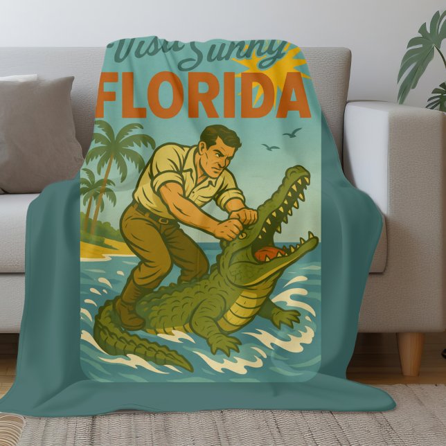 Cobertor De Velo Florida Alligator Wrestling | Funny Retro Coastal (Criador carregado)