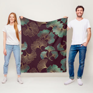 Cobertor De Velo Folha de Ginkgo Elegante em Borgonha e Azul Turque