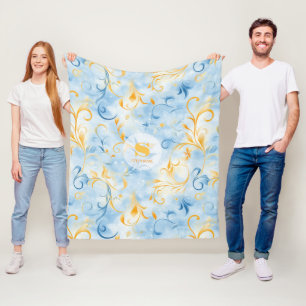 Cobertor De Velo Folha Elegante Azul e Dourada Inspirada em Paisley