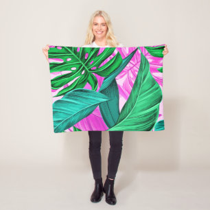 Cobertor De Velo Folhas cor-de-rosa e verdes tropicais brilhantes