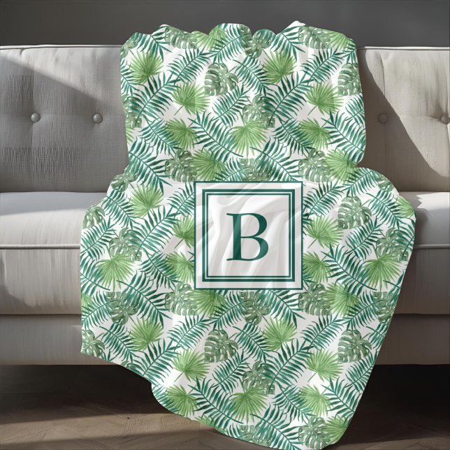 Cobertor De Velo Folhas de Palmeira Tropical Padrão Monogramado (Tropical Palm Leaves Pattern Monogrammed Fleece Blanket
)