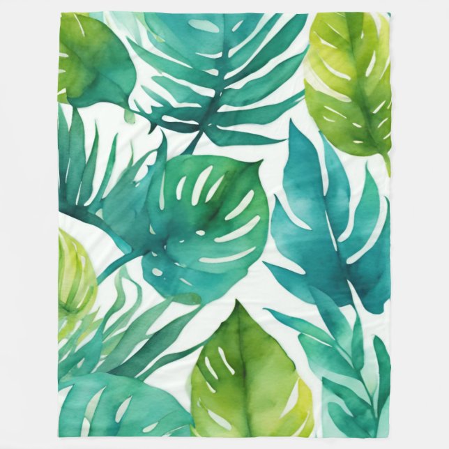 Cobertor De Velo Folhas Tropicais Brancas Verde Teal (Frente)