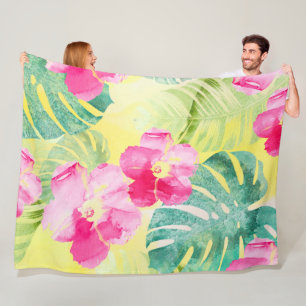 Cobertor De Velo Folhas Tropicais e Flores de Hibisco Aquarela